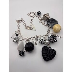 Betsey Johnson Statement Necklace Charms Black White Silver Heart Key Beads 19"